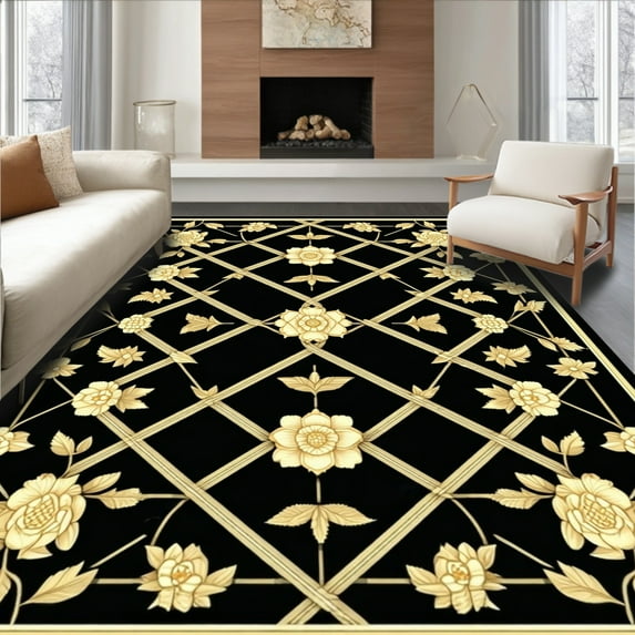 Flatwoven High Traffic Area Rug, Royal Geometric Lattice With Botanical Elements, Non Slip, Stain Resistant, Washable Area Rugs for Living Room, Bedroom(Black, 4X6)
