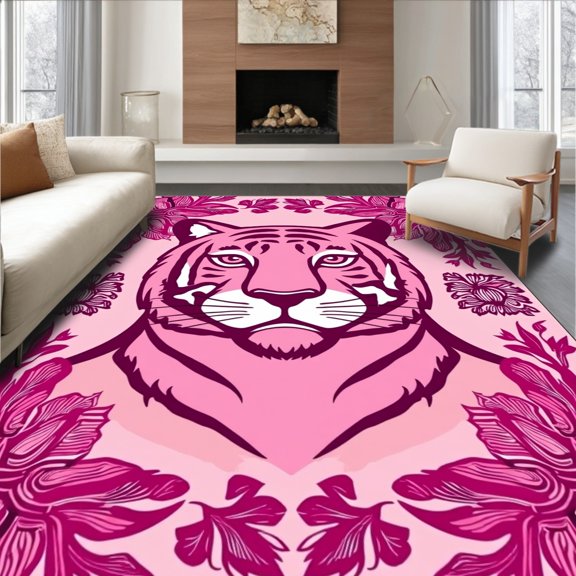 Flatwoven High Traffic Area Rug, Royal Predator Decorative With Exotic Flora Elements, Non Slip, Stain Resistant, Washable Area Rugs for Living Room, Bedroom(Pink, 2X3)