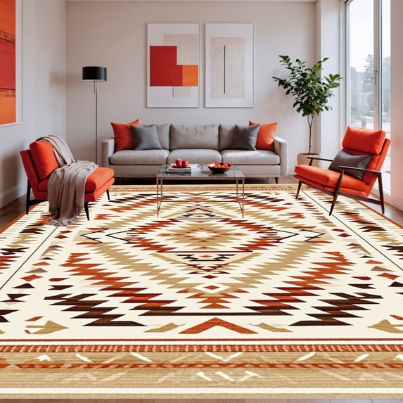 ODIKA 5'x7' Machine Washable Non-Slip Area Rug, Rustic Aztec Inspired Motif with Abstract Bands High Traffic Rug, Beige, 282829