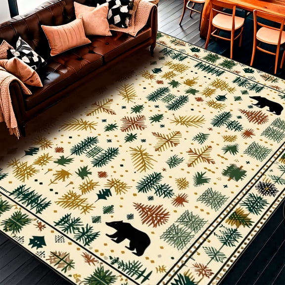 Flatwoven High Traffic Area Rug, Rustic Cabin Lodge Rug with Conifer Branches and Abstract Bear Design, Non Slip, Stain Resistant, Washable Area Rugs for Living Room, Bedroom(Beige, 3X5)