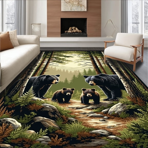 Flatwoven High Traffic Area Rug, Rustic Cabin Woodland Bear Family Accent for, Non Slip, Stain Resistant, Washable Area Rugs for Living Room, Bedroom(Brown, 4X6)