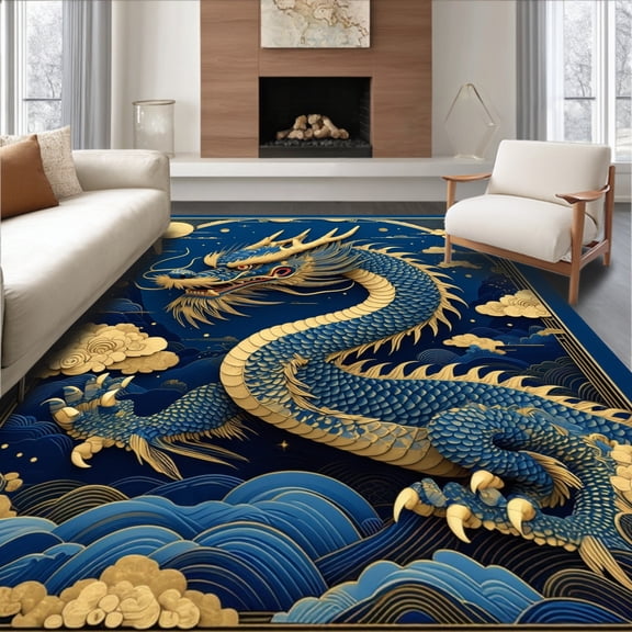 ODIKA 8'x10' Machine Washable Non-Slip Area Rug, Rustic Dragon Inspired High Traffic Rug, Blue, 14401