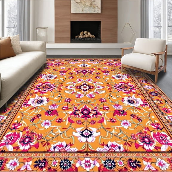 Flatwoven High Traffic Area Rug, Rustic Earthy Floral Display, Non Slip, Stain Resistant, Washable Area Rugs for Living Room, Bedroom(Orange, 3X5)