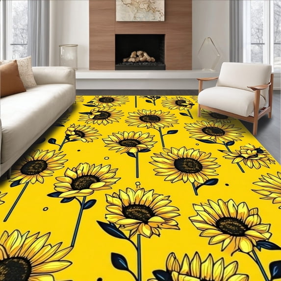 ODIKA 6'x9' Machine Washable Non-Slip Area Rug, Rustic Floral Medley Circular Theme High Traffic Rug, Yellow, 28930