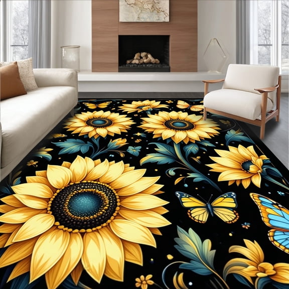 Flatwoven High Traffic Area Rug, Rustic Floral Sunflower Aesthetic, Non Slip, Stain Resistant, Washable Area Rugs for Living Room, Bedroom(Yellow, 4X6)