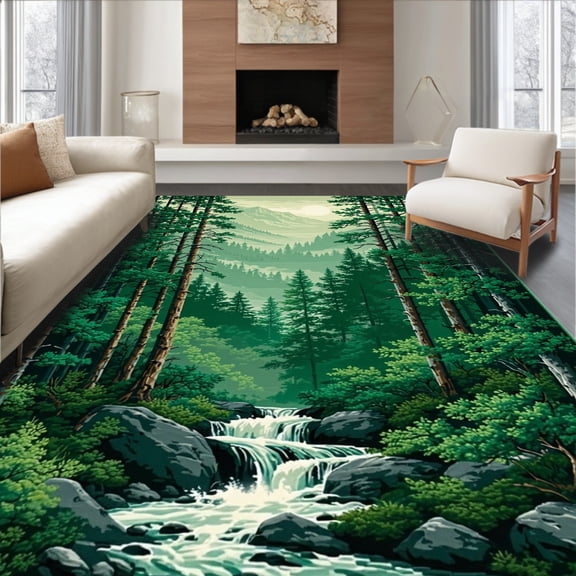 Flatwoven High Traffic Area Rug, Rustic Forest Canopy Aesthetic, Non Slip, Stain Resistant, Washable Area Rugs for Living Room, Bedroom(Green, 4X6)