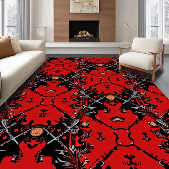 Flatwoven High Traffic Area Rug, Rustic Forest Tartan with Interlocking Wildlife and Pine Motifs, Non Slip, Stain Resistant, Washable Area Rugs for Living Room, Bedroom(Red, 2X3)