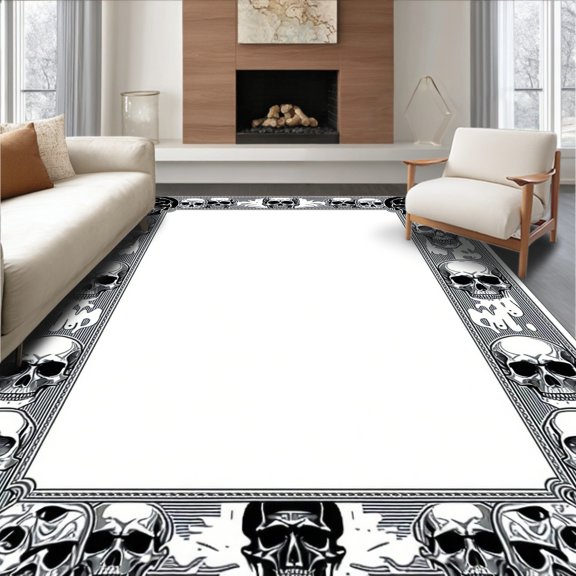 ODIKA 5'x7' Machine Washable Non-Slip Area Rug, Rustic Halloween Gothic Flourish High Traffic Rug, Black, 9210