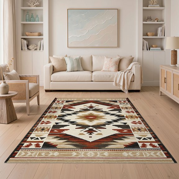 ODIKA 5'x7' Rustic Southwestern Washable Area Rug Non-Slip, Low Pile, Stain Resistant for Guest Room, Lounge, Apartment