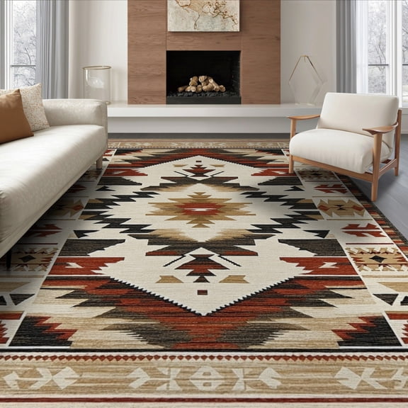 ODIKA 6'x9' Rustic Southwestern Washable Area Rug Non-Slip, Chair-Friendly, for Dining Room, Under Table, Office Décor