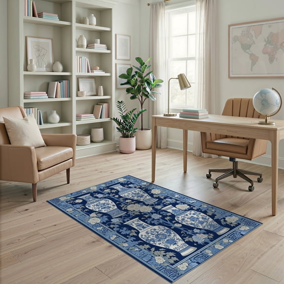 ODIKA 4'x6' Chinoiserie Blue Washable Area Rug for Dorm Room, Small Living Stain Resistant Low Profile, Easy Care