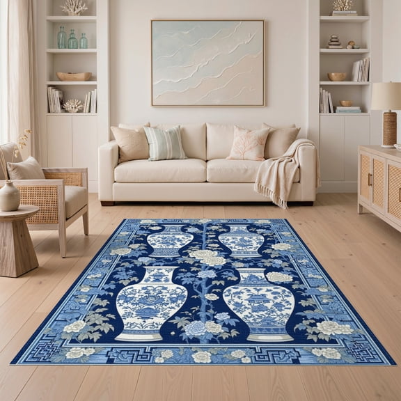 ODIKA 5'x7' Chinoiserie Blue Washable Area Rug for Dining Room, Under Table, Home Office, Non-Slip Chair-Friendly
