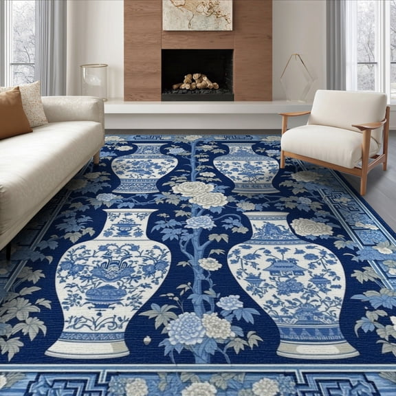 ODIKA 8'x10' Chinoiserie Blue Washable Area Rug Durable, Non-Slip for Living Room, Under Sectional, Family