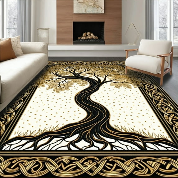 ODIKA 6'x9' Machine Washable Non-Slip Area Rug, Rustic Tree Motif Elegance High Traffic Rug, Gold, 33727