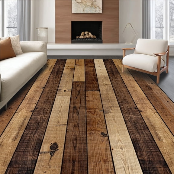 ODIKA 4'x6' Machine Washable Non-Slip Area Rug, Rustic Wood Grain Entryway High Traffic Rug, Brown, 89261