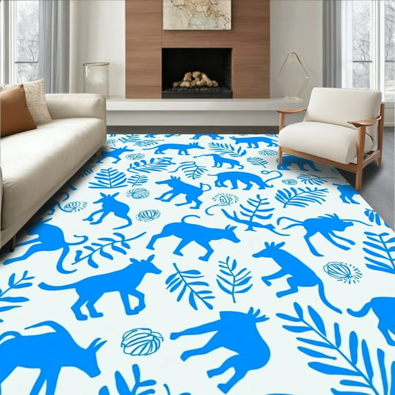 ODIKA 8'x10' Machine Washable Non-Slip Area Rug, Safari Dreams Whimsical Beast Motif Blue High Traffic Rug, Blue, 296603