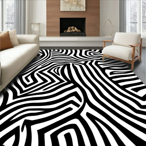 ODIKA 6'x9' Machine Washable Non-Slip Area Rug, Safari Stripes Bold Monochrome Zebra Hide High Traffic Rug, Black, 310966