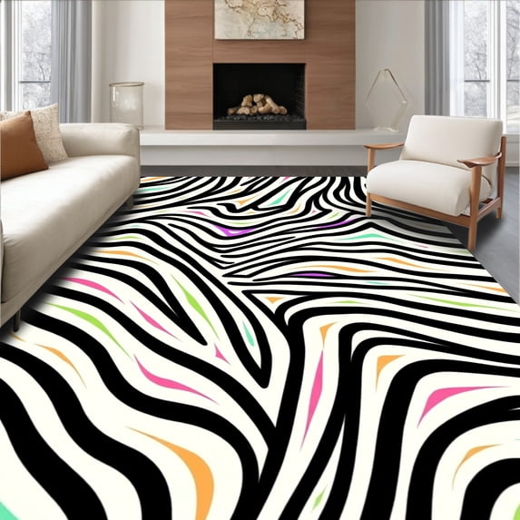 ODIKA 6'x6' Machine Washable Non-Slip Area Rug, Safari Stripes Wild Elegance Accent High Traffic Rug, Black, 292637