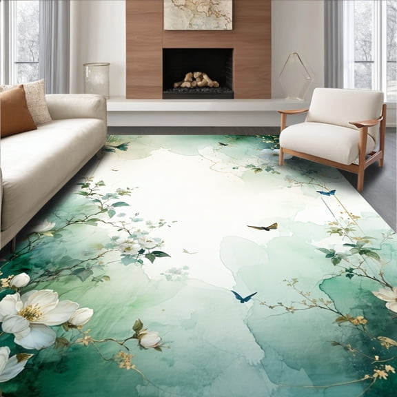 ODIKA 8'x10' Machine Washable Non-Slip Area Rug, Sage Blossom Printed Pile High Traffic Rug, White, 84970