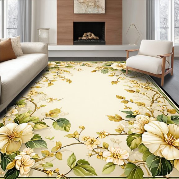 Flatwoven High Traffic Area Rug, Sage Green Floral Bathroom Subtle with Gold Details, Non Slip, Stain Resistant, Washable Area Rugs for Living Room, Bedroom(Beige, 2X3)