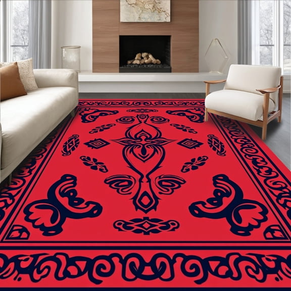ODIKA 4'x6' Machine Washable Non-Slip Area Rug, Sarouk Medallion Heritage with Ornate Floral Border High Traffic Rug, Red, 236571