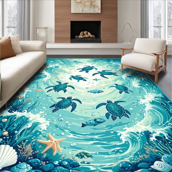 ODIKA 5'x7' Machine Washable Non-Slip Area Rug, Underwater Oceanic Sea Turtle Navy Starfish Theme Blue High Traffic Rug, Blue, 79802