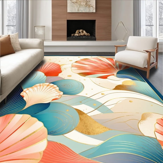 ODIKA 5'x7' Machine Washable Non-Slip Area Rug, Sea Shell Mosaic Art Nouveau with Arched Waves and Whimsical Swirls High Traffic Rug, Red, 197181