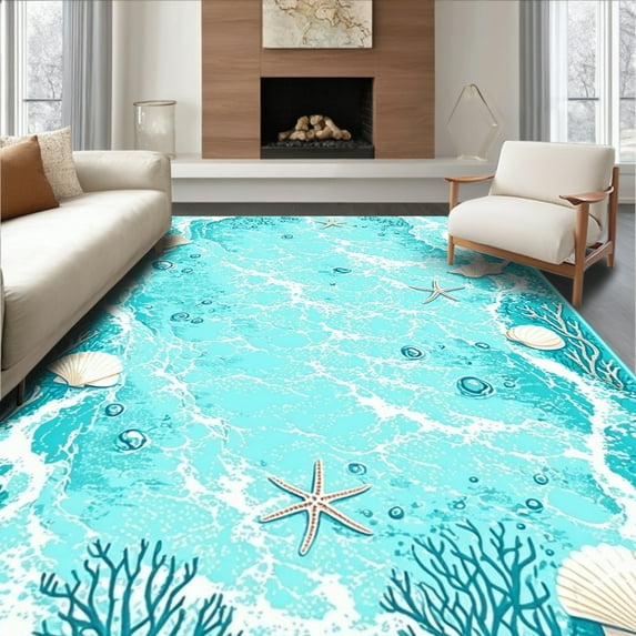 Flatwoven High Traffic Area Rug, Seashell Paradise Nautical Collection, Non Slip, Stain Resistant, Washable Area Rugs for Living Room, Bedroom(Teal, 3X5)