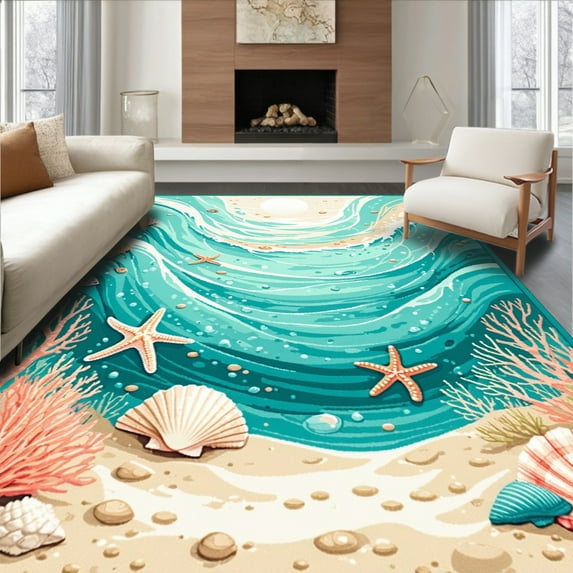 Flatwoven High Traffic Area Rug, Seashell and Starfish Amidst Serene Wave Swirls, Non Slip, Stain Resistant, Washable Area Rugs for Living Room, Bedroom(Turquoise, 4X6)