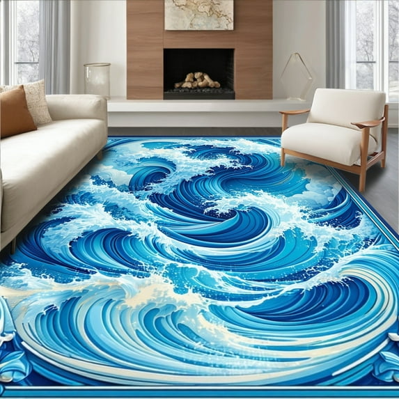 ODIKA 4'x6' Machine Washable Non-Slip Area Rug, Seaside Artisan Scrollwork Symphony High Traffic Rug, Blue, 270912