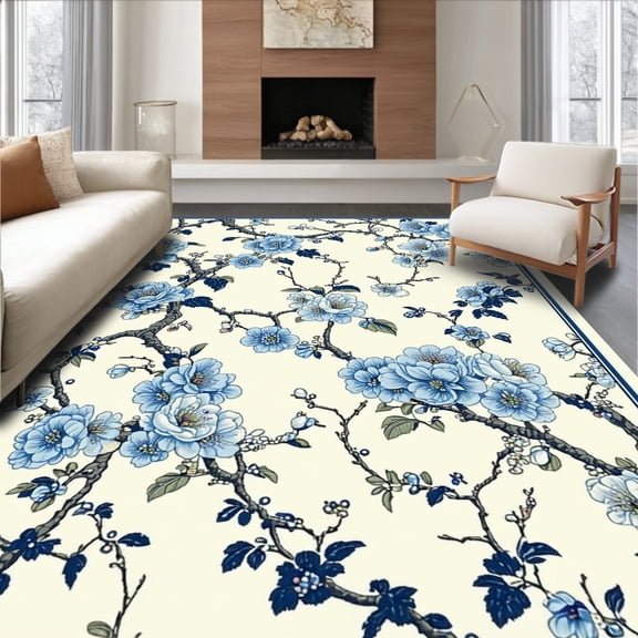 Flatwoven High Traffic Area Rug, Seaside Blossom Retreat Decorative, Non Slip, Stain Resistant, Washable Area Rugs for Living Room, Bedroom(Blue, 4X6)