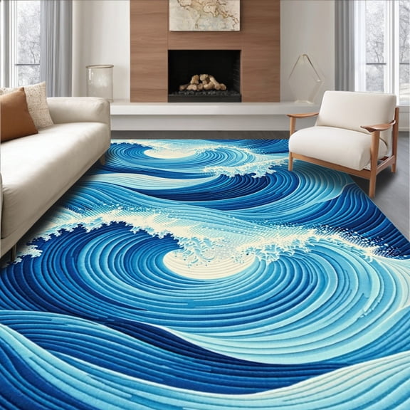 Flatwoven High Traffic Area Rug, Seaside Escape Elegant Oceanic Wave Motif in Vibrant Blues, Non Slip, Stain Resistant, Washable Area Rugs for Living Room, Bedroom(Blue, 2X3)