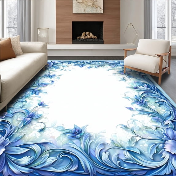 ODIKA 5'x7' Machine Washable Non-Slip Area Rug, Seaside Scrollwork Oasis with Curved Scrolls and Artistic Flourishes High Traffic Rug, Blue, 64123