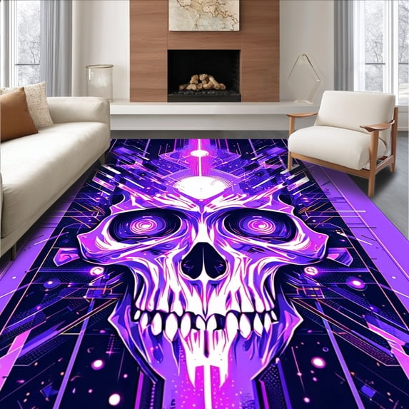 ODIKA 5'x7' Machine Washable Non-Slip Area Rug, Segmented Cosmic Navigation with Vibrant Lavandula and Skull Motifs High Traffic Rug, Purple, 194582