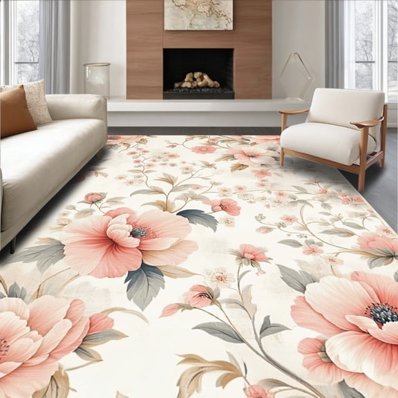 ODIKA 5'x7' Machine Washable Non-Slip Area Rug, Serene Blush Bloom Vintage Floral Design High Traffic Rug, Ivory, 78826