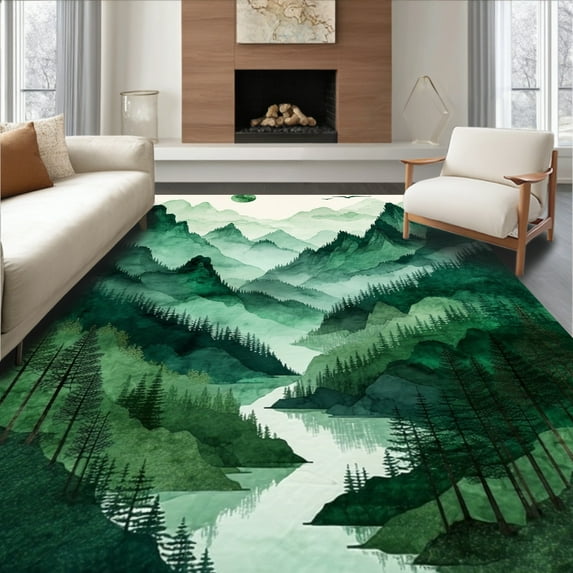 ODIKA 8'x10' Machine Washable Non-Slip Area Rug, Serene Forest Landscape Visual Appeal High Traffic Rug with Pad, Green, 28040