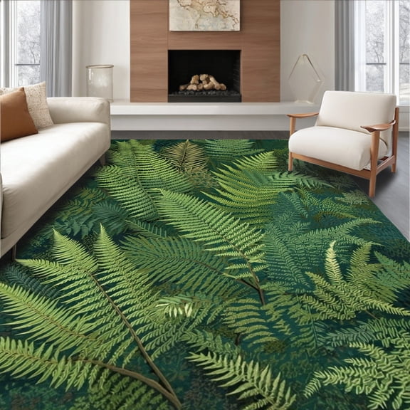 ODIKA 4'x6' Machine Washable Non-Slip Area Rug, Serene Green Moss with Intricate Textured of Woodland Flora High Traffic Rug, Green, 93809