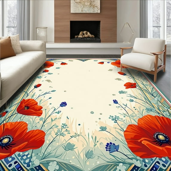 ODIKA 4'x6' Machine Washable Non-Slip Area Rug, Serene Jacquard with Artistic Floral Poppies and Geometric Borders High Traffic Rug, Red, 198025