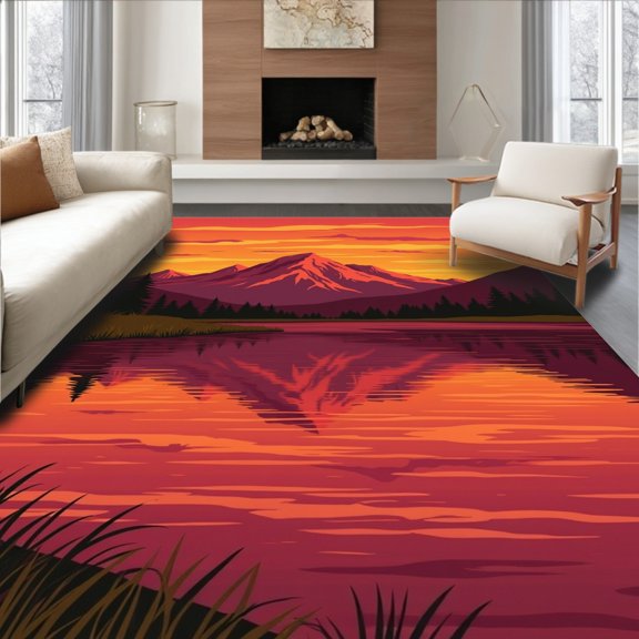 Flatwoven High Traffic Area Rug, Serene Lakeside Wilderness Reflection, Non Slip, Stain Resistant, Washable Area Rugs for Living Room, Bedroom(Orange, 2X3)