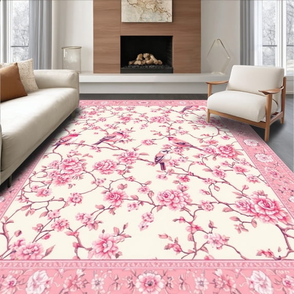 ODIKA 8'x10' Machine Washable Non-Slip Area Rug, Serene Minimalist Floral Touch High Traffic Rug, Ivory, 24041