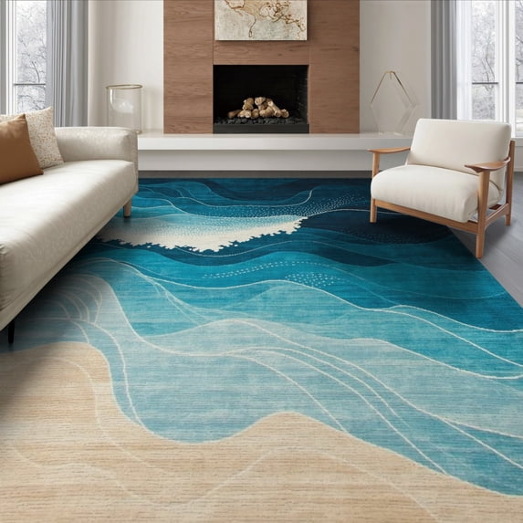 ODIKA 6'x9' Serene Oceanic Abstract Design Washable Area Rug for Queen Size Bedroom, Under Bed, Master Suite, Easy Care, Non-Shedding