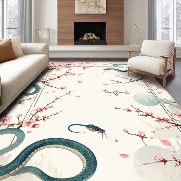 ODIKA 8'x10' Machine Washable Non-Slip Area Rug, Whimsical Serpent Snake Petal Pink High Traffic Rug, Pink, 88529