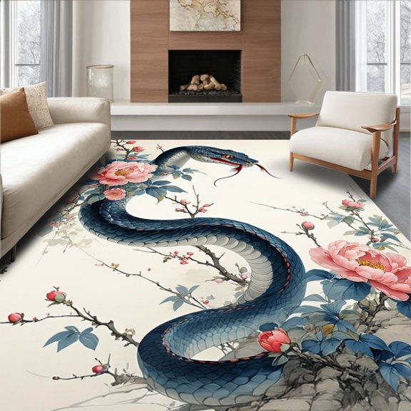 ODIKA 4'x6' Machine Washable Non-Slip Area Rug, Serpentine Blossom Asian Ink Botanical Blue High Traffic Rug, Blue, 88526