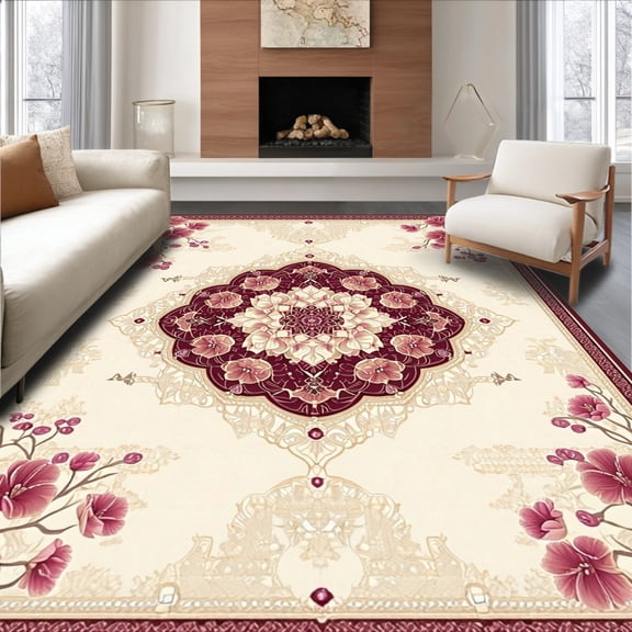 ODIKA 2'x3' Machine Washable Non-Slip Area Rug, Serpentine Nucleus Medallion With Plumeria Segmental Motif And Elassa Layers High Traffic Rug, Beige, 193563