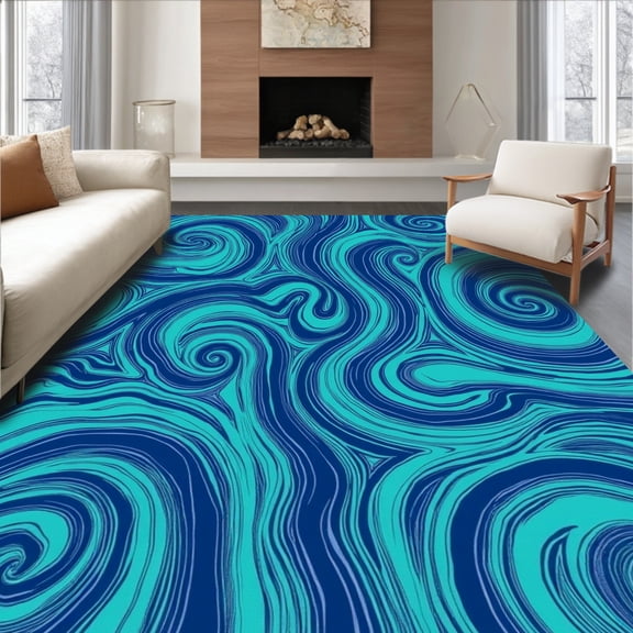 ODIKA 2'x3' Machine Washable Non-Slip Area Rug, Serpentine Wave With Flowing Curves And Subtle Contrast High Traffic Rug, Blue, 316265
