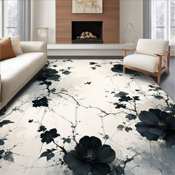 ODIKA 4'x6' Machine Washable Non-Slip Area Rug, Shadow Blossom Monochromatic Floral Art High Traffic Rug, Black, 79729
