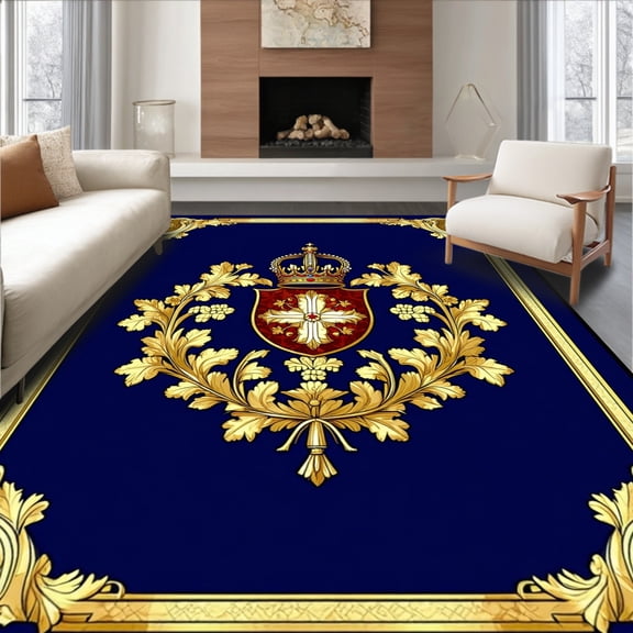 ODIKA 4'x6' Machine Washable Non-Slip Area Rug, Crest Heraldic Emblem Feature High Traffic Rug, Blue, 197105