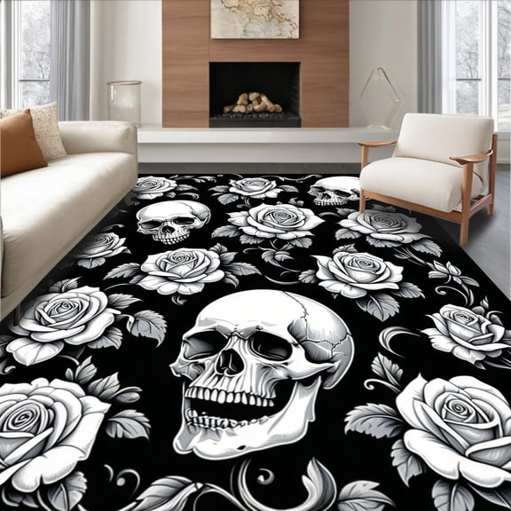 ODIKA 4'x6' Machine Washable Non-Slip Area Rug, Skull & Roses Gothic Botanical Halloween High Traffic Rug, Black, 85224