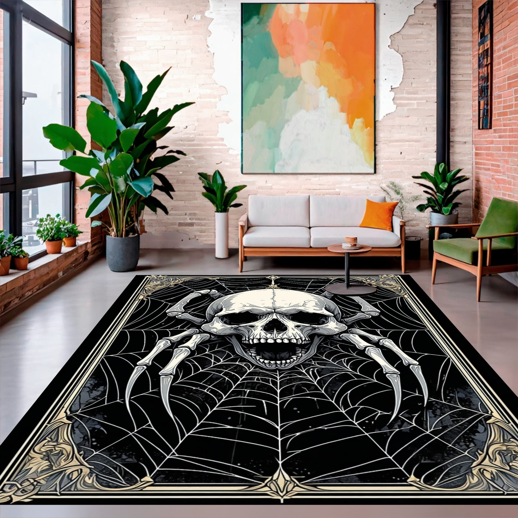 ODIKA 8'x10' Machine Washable Non-Slip Area Rug, Skull & Spiderweb ...