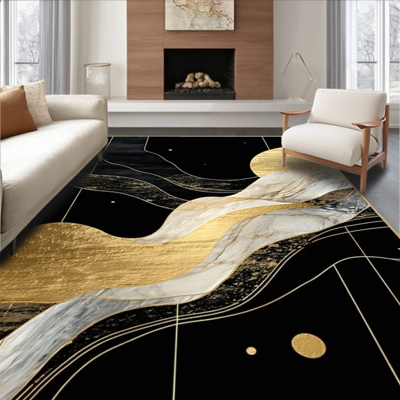 ODIKA 4'x6' Machine Washable Non-Slip Area Rug, Sleek Gold Accented Visual Flow High Traffic Rug, Black, 20287